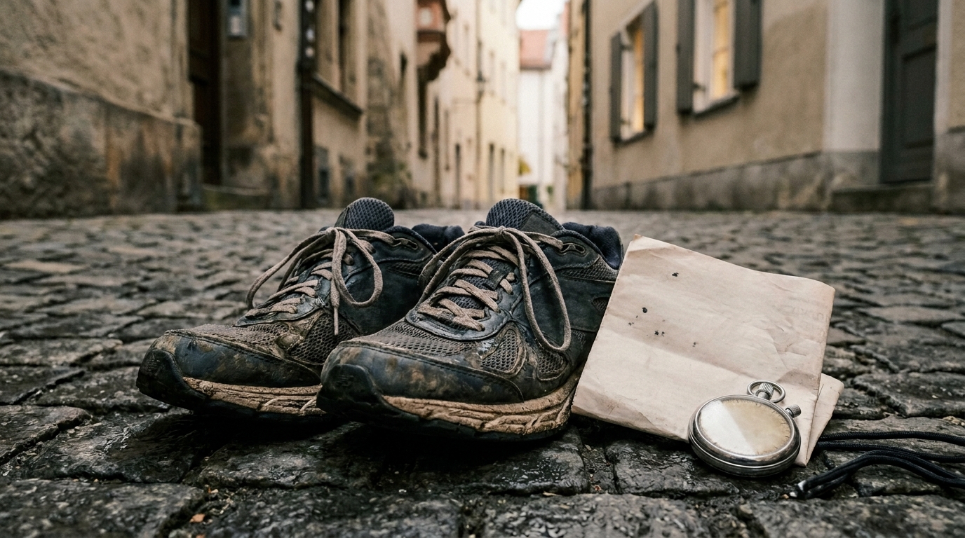 Getragene Laufschuhe auf Kopfsteinpflaster mit Notizzettel und Stoppuhr, München frühmorgens